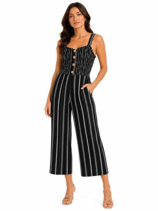 Lily Morgan Pants - Black Vertical-Stripe Wide-Leg Jumpsuit with Button Bodice